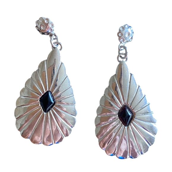 Sterling Silver Teardrop Earrings With Black Onyx Stone Inlay - Picture 2 of 7